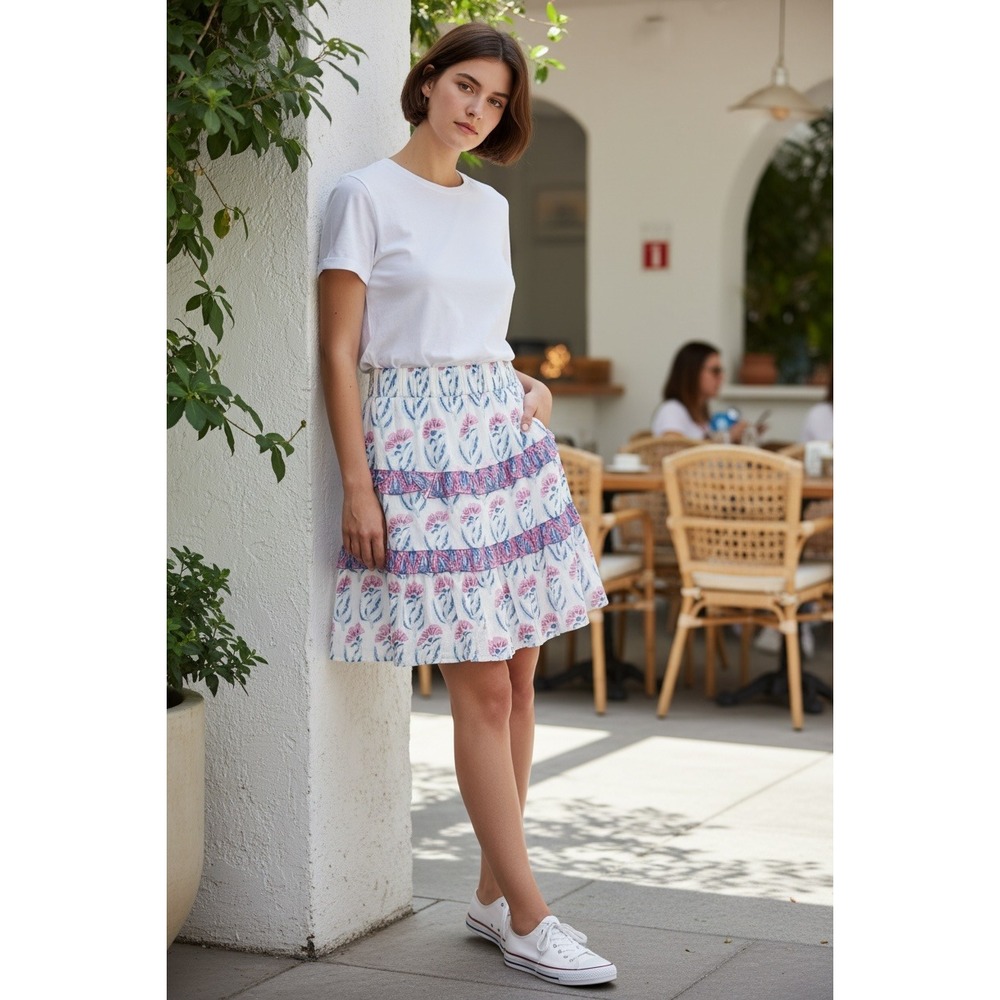 Oliphant‎ Flirty Skirt XS Poppy Blue NEW Floral Tiered Ruffle Mini 1213V
